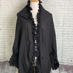 De La Rosa Plau Black Poncho Fringe Shawl Designer OS Boho Lagenlook Longline